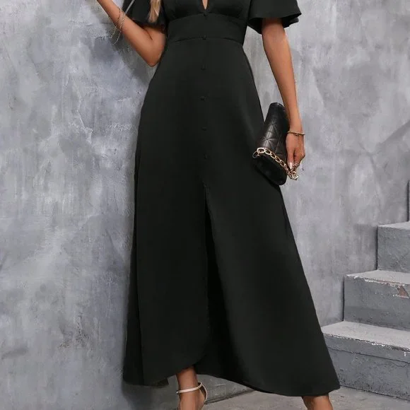 Black Preppy Womens Plunging Neck Butterfly Sleeve Split Thigh Satin Dress - Picture 3 of 5